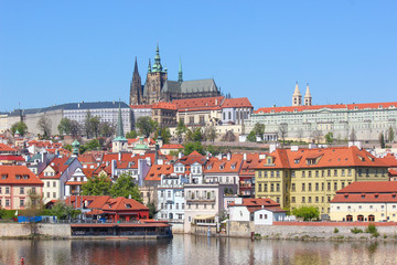 Fototapeta premium Amazing skyline of Prague, Czech Republic with dominant Prague Castle. The historical center of the Czech capital is located along river Vltava. Sunny day, clear sky. Beautiful Czechia