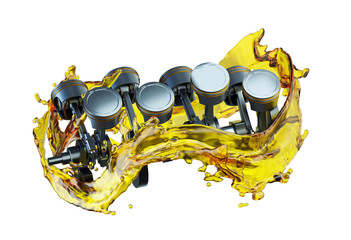 3D illustration of parts in car engine with lubricant oil on repairing - obrazy, fototapety, plakaty