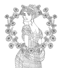 Coloring book for adults with beautiful lady in the empire style and a wreath of cornflowers - 343170052