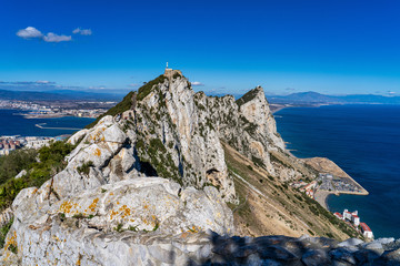 Gibraltar Rock view from above, on the left Gibraltar town, Spain, UK