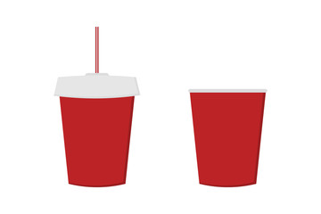 Red disposable plastic soda cups vector set, collection. Fast food fizzy drinks.

