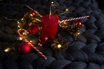 New year Christmas Christmas Flatley with tangerines candle garland and pine cone