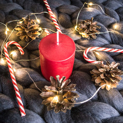 New year Christmas Christmas Flatley with tangerines candle garland and pine cone