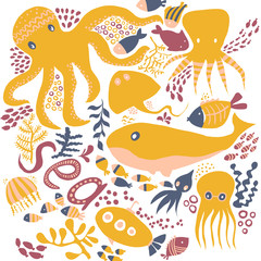 Set with hand drawn sea life elements. Fish, octopus, jellyfish, seaweed objects on a white background.