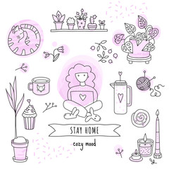 Stay home vector stock illustration, doodle style. Work from home