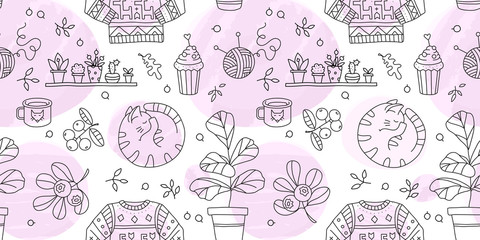 Vector seamless pattern with Hygge concept and cozy home things