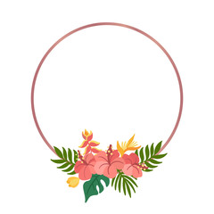 Tropical circle frame with palm leaves, hibiscus and strelitzia flowers. Beautiful floral print for wedding invitations, greeting cards, home decor. Modern vector illustration.