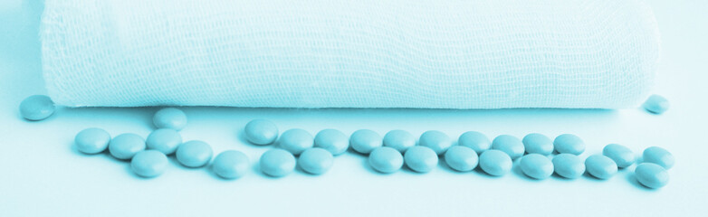 Bandage and pills, banner. Medicine concept.