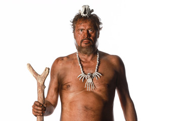 caveman shaman on a white background