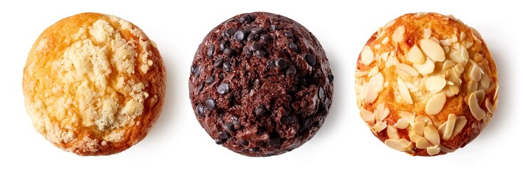 Three muffins on white background, from above