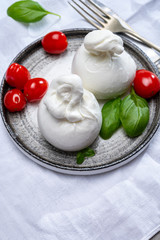 Cheese collection, fresh soft white burrata cheese ball made from mozzarella and cream from Apulia, Italy