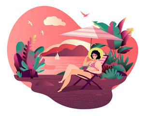 Hello, summer poster card or flyer. A pretty girl in a big hat is sitting on the beach sand in a chaise longue. Beautiful woman in a swimsuit on vacation vector illustration.