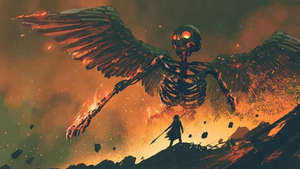 Papier Peint photo Grand échec homme avec sa lance réveillant le squelette géant de l& 39 enfer, style art numérique, peinture d& 39 illustration