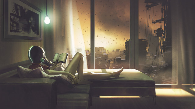 Fototapeta self-quarantine concept, a girl with wearing a gas mask lying on the sofa reading a book in her room, digital art style, illustration painting