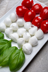 Italian food served as flag of Italy Tricolore with fresh fresh green basil, white mini mozzarella cheese and red cherry tomatoes