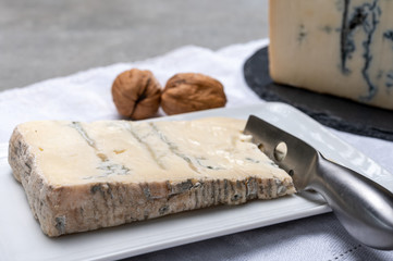 Italian food, buttery or firm blue cheese made from cow milk in Gorgonzola, Milan, Italy