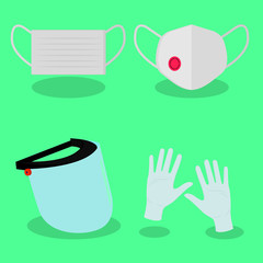 Set icone dispositivi di protezione per batteri e virus.