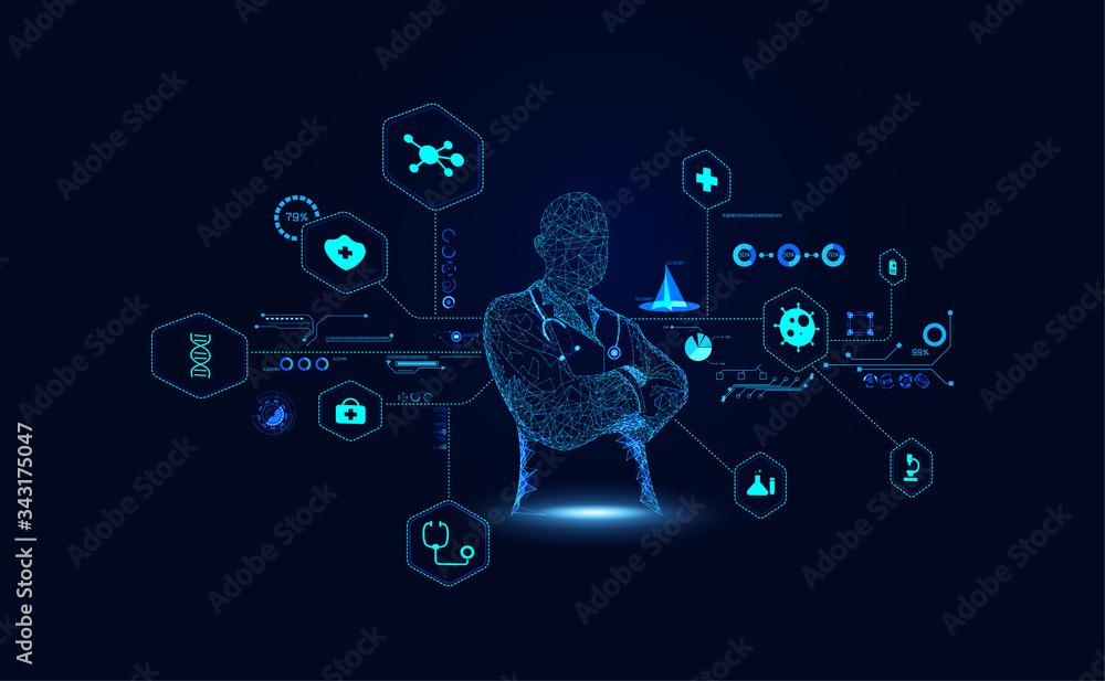 Poster abstract doctor wireframe digital and hologram interface concept medical data analysis in visual for