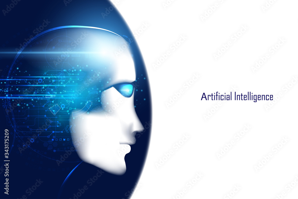Poster abstract smart artificial intelligence digital futuristic technology face with brain wireframe blue 
