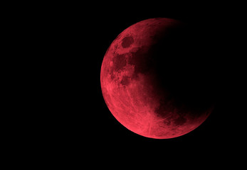 Half of red bloody moon in black space, moon with eclipse