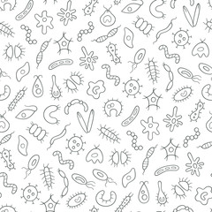 Abstract seamless pattern of germs, virus and bacteria on white background. Black and white vector illustration