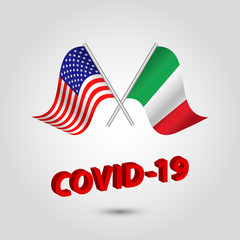 vector set two waving crossed flags of usa and italy on silver pole – american and italian icon with red 3d text title coronavirus covid-19