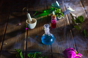 Witchcraft. Witch doctor desk table. Magic potion. ALternative medicine concept. Divination, love...