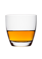 Scotch whiskey in crystal elegant glass on white background.