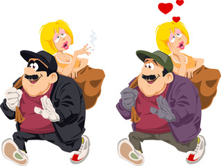 Kidnapper carry happy young woman. Funny people.