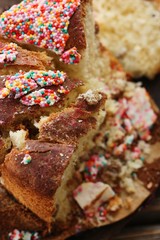 Delicious Easter cake with raisins on the table 