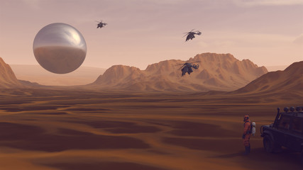 Large Alien Silver Spheres Floating above Arid Mountain Desert with Sediment Mudflat and Sci-Fi Helicopters with Person in a Hazmat Suit Observing it © paul
