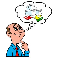 Thinking about Comic Books - A cartoon illustration of a man thinking about his Comic Book collection.