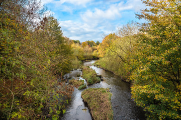 Fototapeta na wymiar River with wooded banks on an autumn day. Beautiful autumn colours and blue sky with clouds.