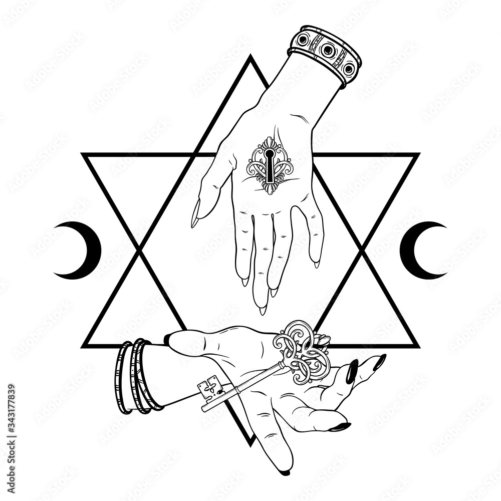 Wall mural two witch hands with key and lock over the six pointed star line art boho chic tattoo, poster, tapes