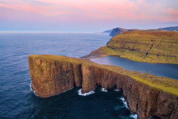 Sorvagsvatn Lake and Waterfall into the Ocean in Western Faroe Island