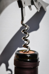 Bottle of wine and corkscrew close up, spiral is entering the cork, opening the bottle. Selective focus.