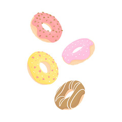 Four doughnuts with pink, yellow, red and chocolate icing fly