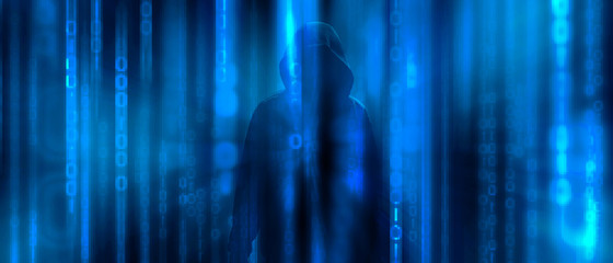 Ransomware concept. Abstract digital background with anonymous man of hacker in binary code. Hack, darkness, virtual reality and science fiction. The matrix background with cybersecurity concept.