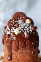 easter chocolate cake with popcorn, coconut and cookies