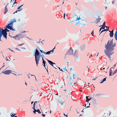Summertime garden flowers watercolor seamless pattern. Romantic background for web pages, textile, wallpaper.