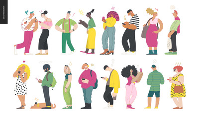 Fototapeta na wymiar Waiting in line - modern flat vector concept illustration of a young men a women standing in line with smartphones, talking to each other. Multicultural, multilingual people, diversity concept