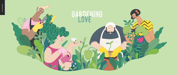 Gardening people, spring - modern flat vector concept illustration of people in the garden wearing aprons and gloves, gardening, watering, planting, cutting branches. Spring gardening concept