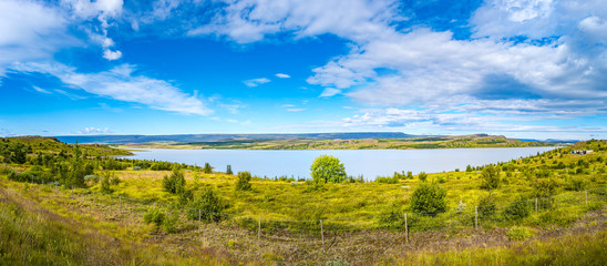 Panoramic view over huge Lagarfjot lake in Iceland at sunny day and blue sky, summer