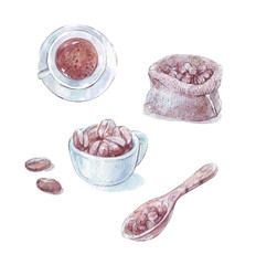 cup of coffee and bag with seeds