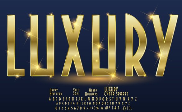 Vector set of beautiful gold alphabet letters, numbers and punctuation symbols. Art Deco thin style. Metallic gradient Font.