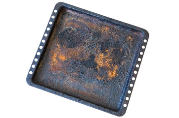 Old sheet pan on white background. Baking tray with rusty texture.