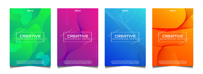 Set of trendy gradient cover poster design background template with dynamic soft colorful and abstract bright wavy fluid shapes. Vector a4 layout for modern flyer, annual report, book, presentation