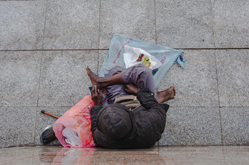 Top view of a beggar waiting