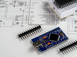 Electronics and microprocessor.Electronic DIY project Arduino.Drawing on a light background.Do it...