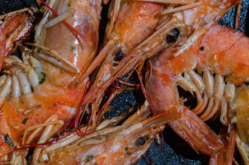 Close-up of juicy freshly cooked shrimps